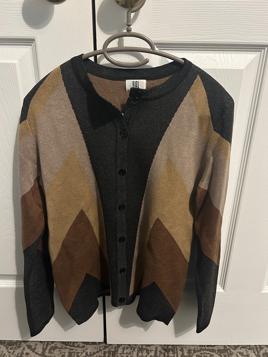 YAL new york Sweaters - Sparkly Geometric Chevron Button-Up Cardigan in Black, Brown, Tan